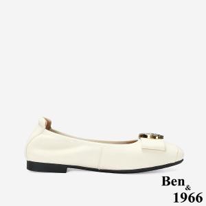 Ben&1966 高級絲綢羊皮質感圓釦舒適方頭包鞋-米白(248272)