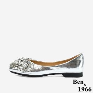 Ben&1966 高級牛油皮亮鑽時尚大頭平底包鞋-銀(248222)