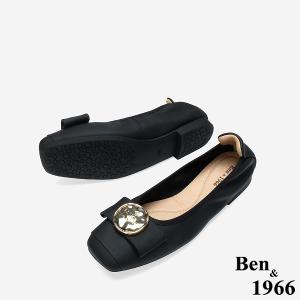 Ben&1966 高級絲綢羊皮質感圓釦舒適方頭包鞋-黑(248271)