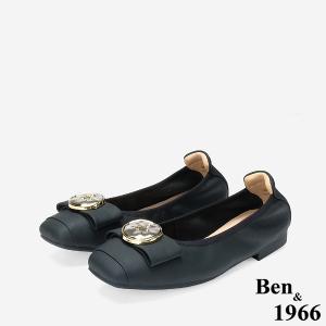 Ben&1966 高級絲綢羊皮質感圓釦舒適方頭包鞋-黑(248271)