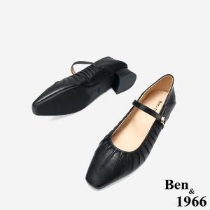 Ben&1966 高級羊皮柔軟抓皺瑪莉珍跟鞋-黑(248161)