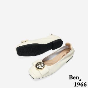 Ben&1966 高級絲綢羊皮質感圓釦舒適方頭包鞋-米白(248272)