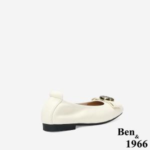 Ben&1966 高級絲綢羊皮質感圓釦舒適方頭包鞋-米白(248272)