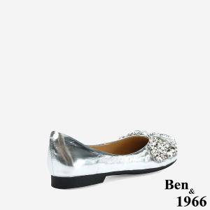 Ben&1966 高級牛油皮亮鑽時尚大頭平底包鞋-銀(248222)