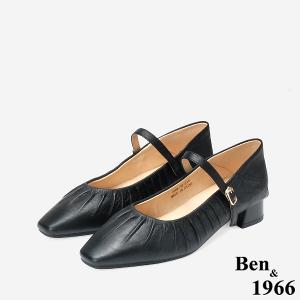 Ben&1966 高級羊皮柔軟抓皺瑪莉珍跟鞋-黑(248161)
