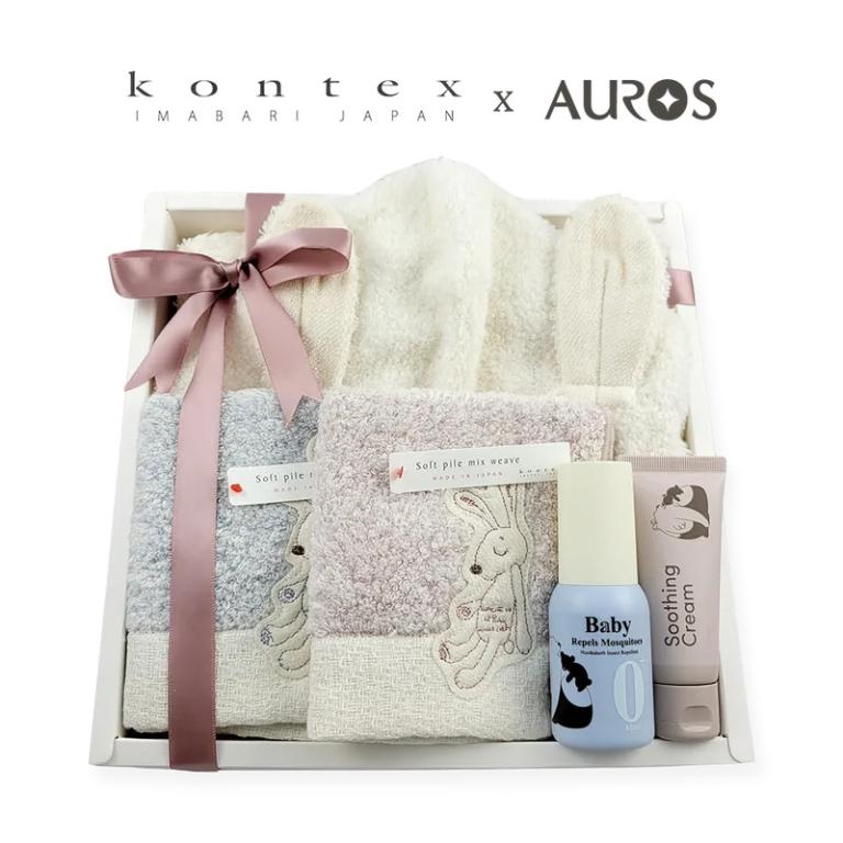 日本 kontex-今治Chouette系列-無撚紗兔子連帽浴巾*1+小方巾*1+諾卡草本寶寶防蚊.修護組60ml/40g (附禮盒/提袋/可愛品牌小卡可代寫)