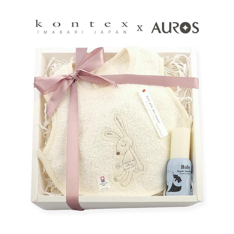 日本 kontex-今治Chouette系列-無撚紗兔子圍兜+諾卡草本寶寶防蚊噴霧60ml (附禮盒/提袋/可愛品牌小卡可代寫)