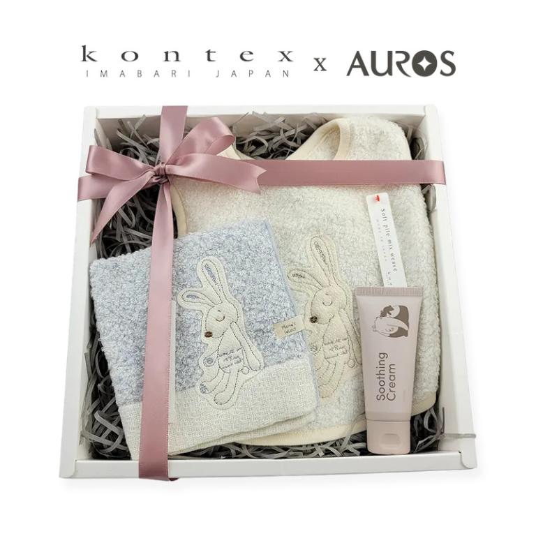 日本 kontex-今治Chouette系列-無撚紗兔子圍兜口水巾+小方巾+諾卡草本寶寶秀秀霜40g (附禮盒/提袋/可愛品牌小卡可代寫)
