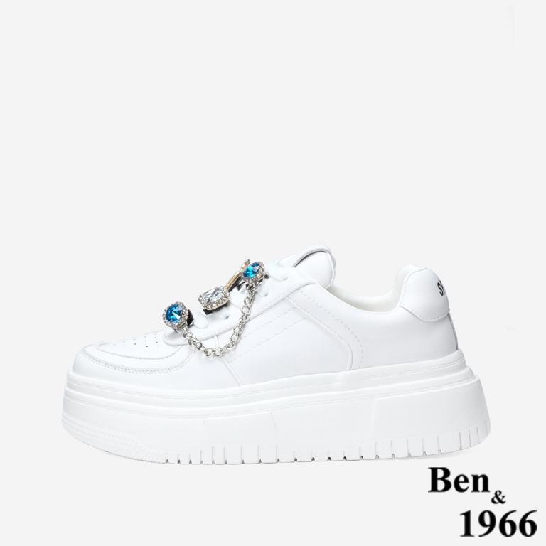 Ben&1966 高級牛皮休閒造型鑽鍊釦飾厚底休閒鞋-白(248031)