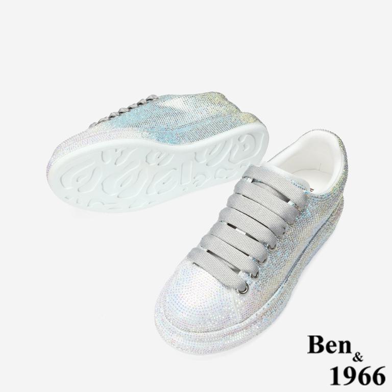 Ben&1966 高級羊皮炫彩燙鑽時尚厚底休閒鞋-銀(248041)