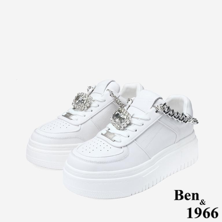 Ben&1966 高級牛皮休閒造型釦鑽厚底休閒鞋-白(248021)