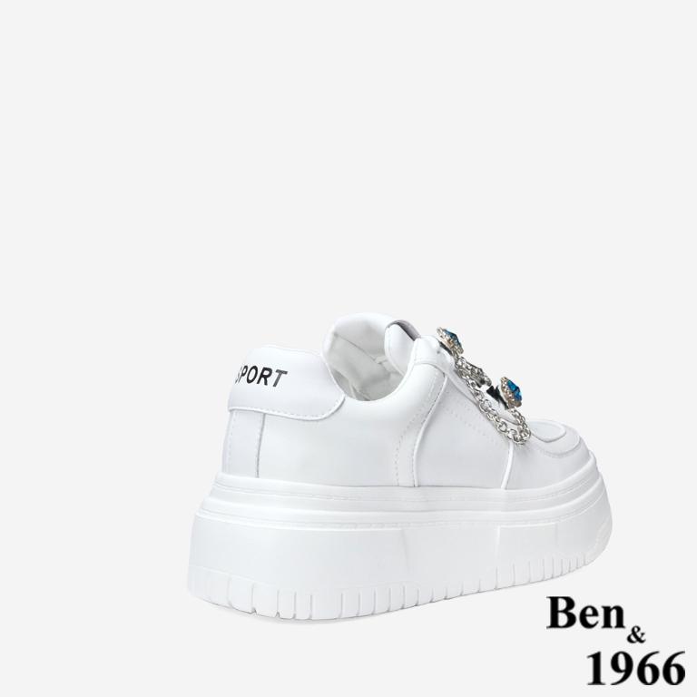Ben&1966 高級牛皮休閒造型鑽鍊釦飾厚底休閒鞋-白(248031)