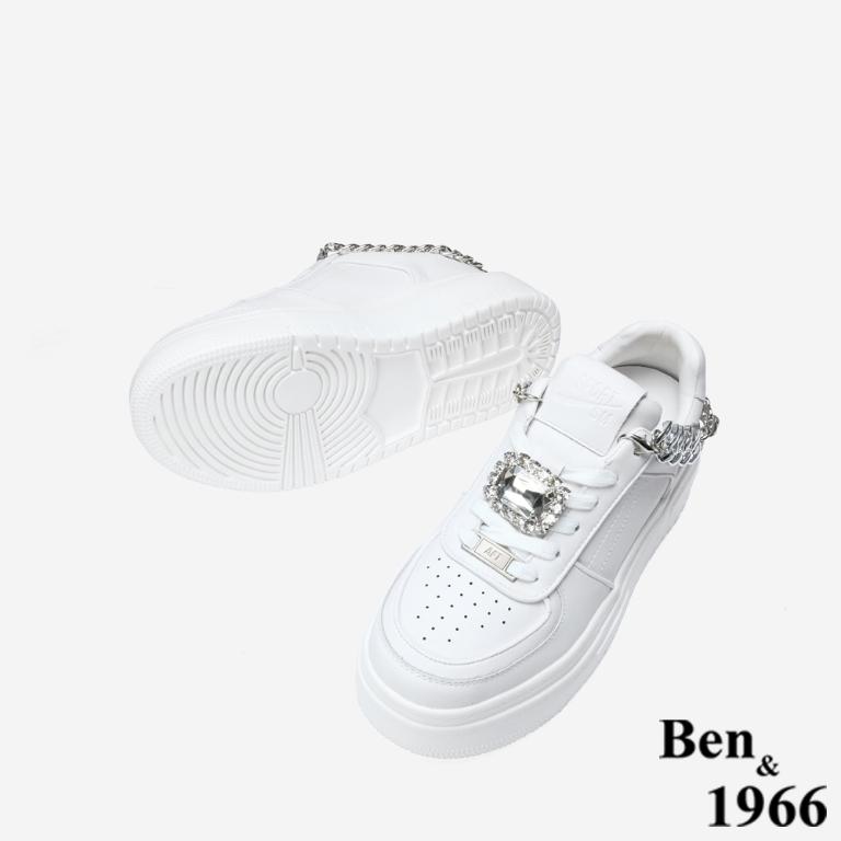 Ben&1966 高級牛皮休閒造型釦鑽厚底休閒鞋-白(248021)