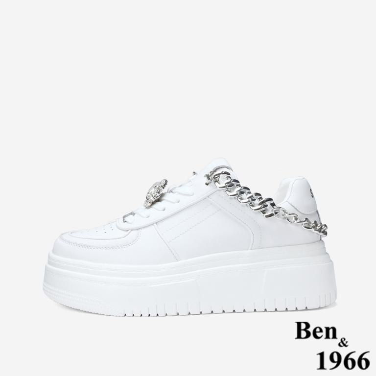 Ben&1966 高級牛皮休閒造型釦鑽厚底休閒鞋-白(248021)