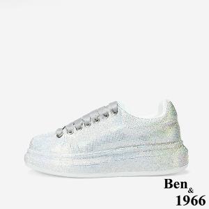 Ben&1966 高級羊皮炫彩燙鑽時尚厚底休閒鞋-銀(248041)