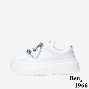 Ben&1966 高級牛皮休閒造型鑽鍊釦飾厚底休閒鞋-白(248031)