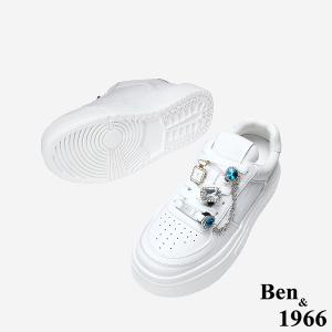 Ben&1966 高級牛皮休閒造型鑽鍊釦飾厚底休閒鞋-白(248031)
