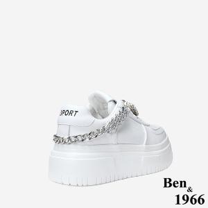 Ben&1966 高級牛皮休閒造型釦鑽厚底休閒鞋-白(248021)