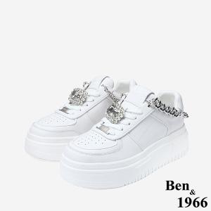 Ben&1966 高級牛皮休閒造型釦鑽厚底休閒鞋-白(248021)
