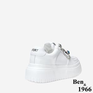 Ben&1966 高級牛皮休閒造型鑽鍊釦飾厚底休閒鞋-白(248031)