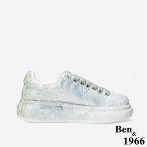 Ben&1966 高級羊皮炫彩燙鑽時尚厚底休閒鞋-銀(248041)