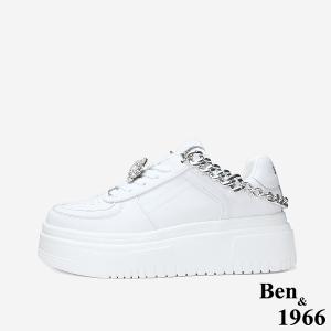 Ben&1966 高級牛皮休閒造型釦鑽厚底休閒鞋-白(248021)