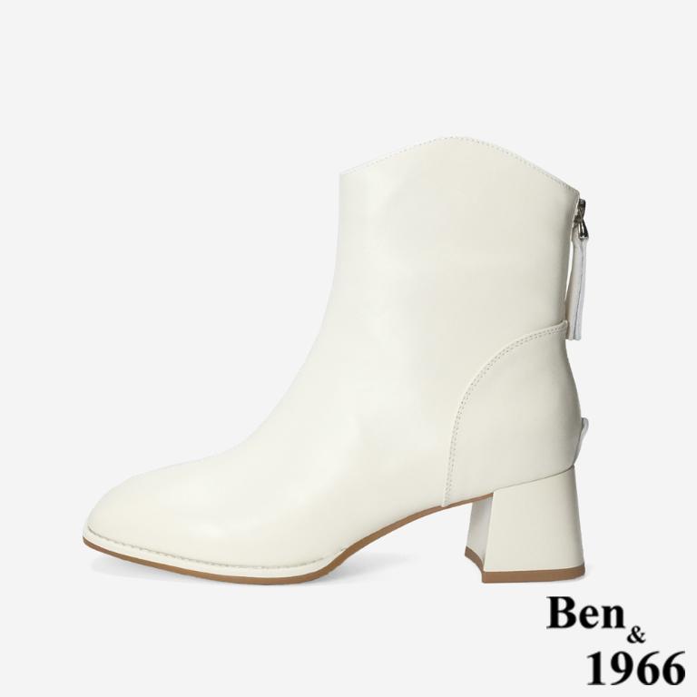 Ben&1966 柔軟羊皮優雅舒適粗跟短靴-米白(247042)