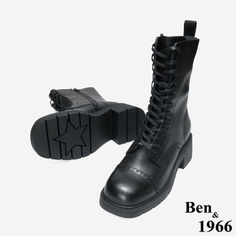 Ben&1966 高級頭層牛皮氣質英倫風綁帶短靴-黑(247171)
