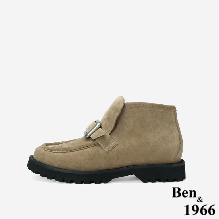 Ben&1966 高級牛皮方釦個性時尚踝靴-卡其(247022)