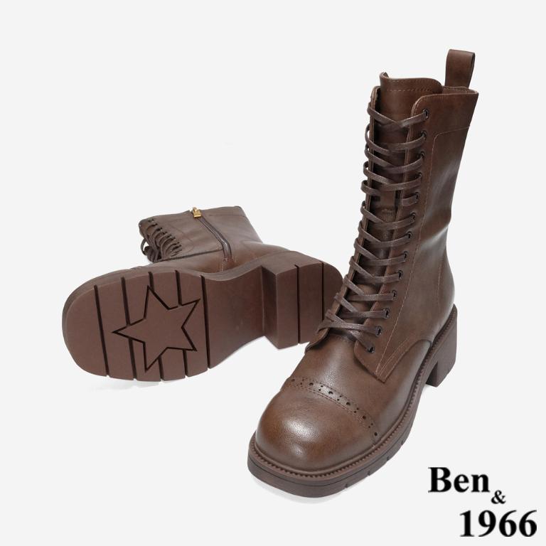 Ben&1966 高級頭層牛皮氣質英倫風綁帶短靴-咖啡(247172)