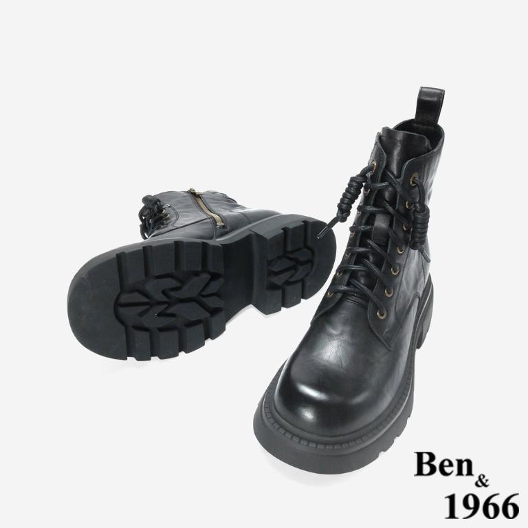 Ben&1966 高級水洗牛皮皺感中性綁帶短靴-黑(247131)