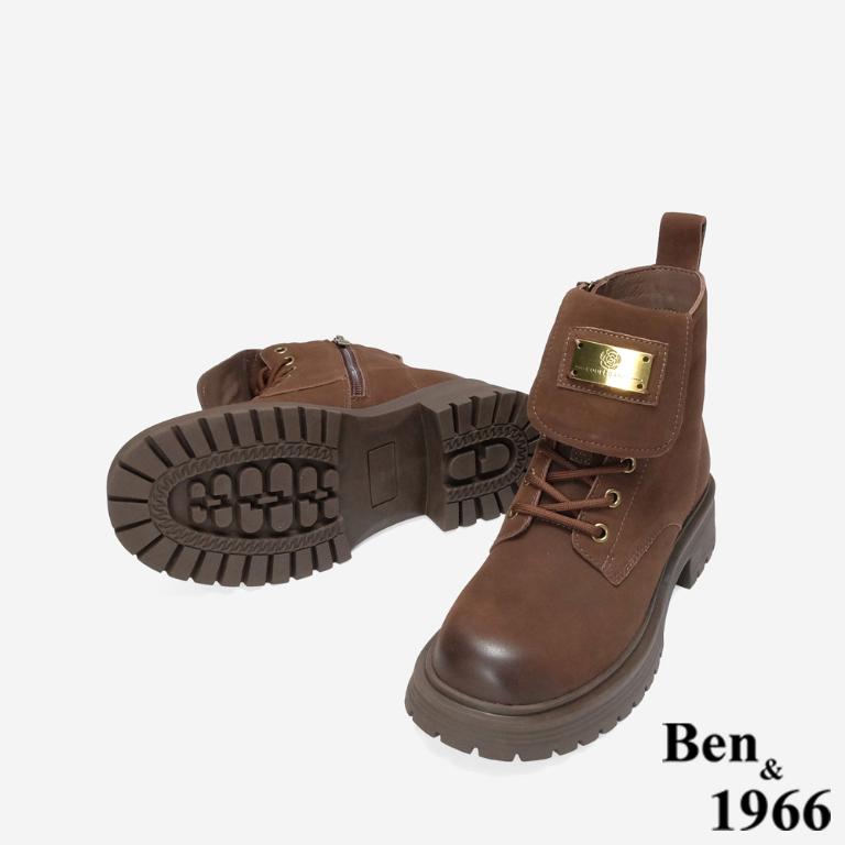 Ben&1966 高級羊磨砂皮造型鞋舌個性綁帶短靴-咖啡(247152)