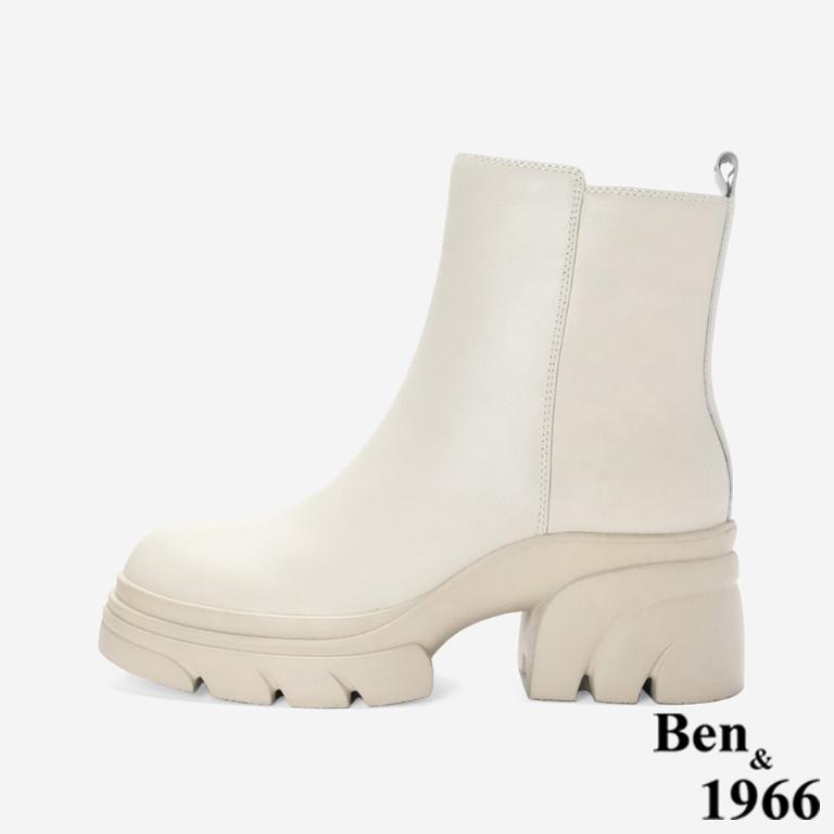 Ben&1966 高級頭層牛皮素面厚底短靴-米白(247102)