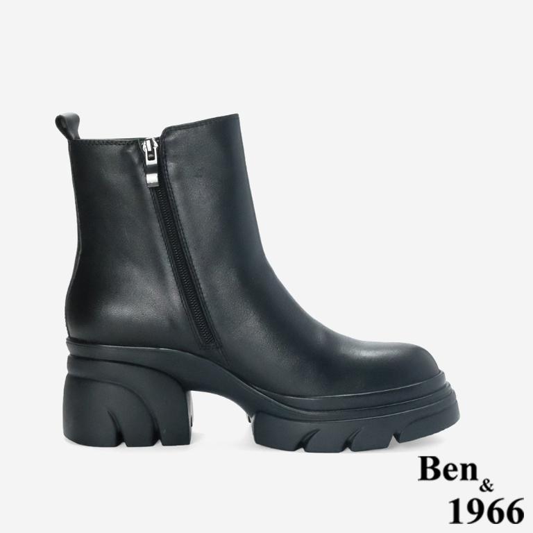 Ben&1966 高級頭層牛皮素面厚底短靴-黑(247101)