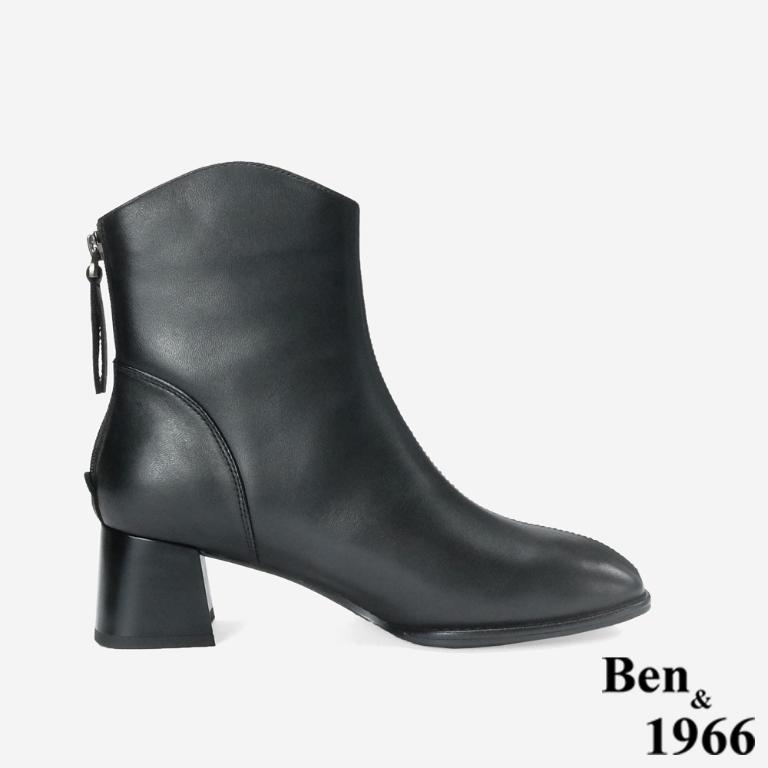Ben&1966 柔軟羊皮優雅舒適粗跟短靴-黑(247041)