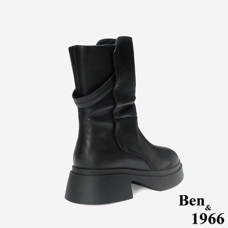 Ben&1966 高級頭層牛皮抓皺設計時尚短靴-黑(247161)