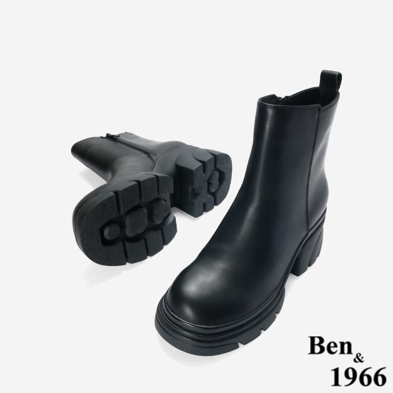 Ben&1966 高級頭層牛皮素面厚底短靴-黑(247101)
