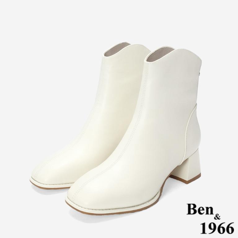 Ben&1966 柔軟羊皮優雅舒適粗跟短靴-米白(247042)