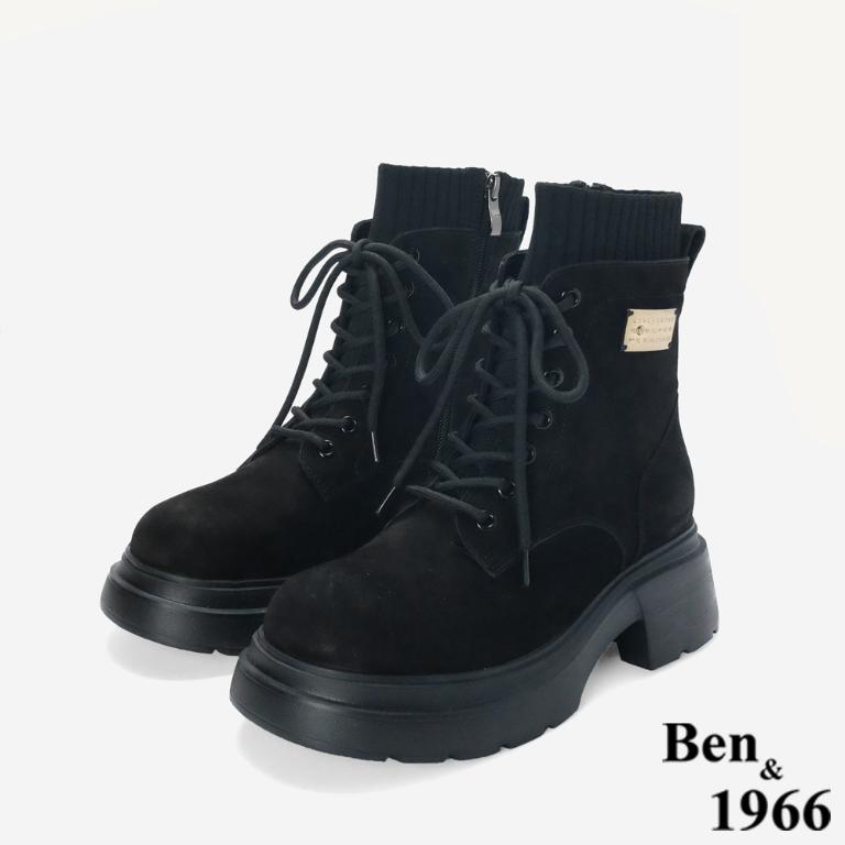 Ben&1966 高級羊磨砂皮造型金釦個性綁帶短靴-黑(247111)