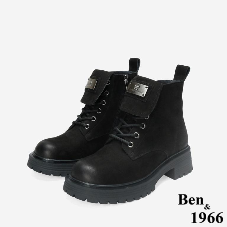 Ben&1966 高級羊磨砂皮造型鞋舌個性綁帶短靴-黑(247151)