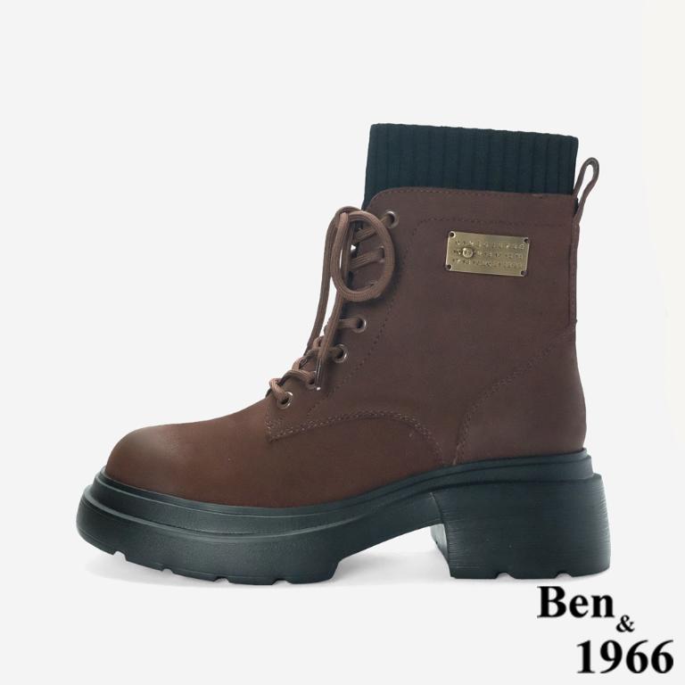 Ben&1966 高級羊磨砂皮造型金釦個性綁帶短靴-咖啡(247112)