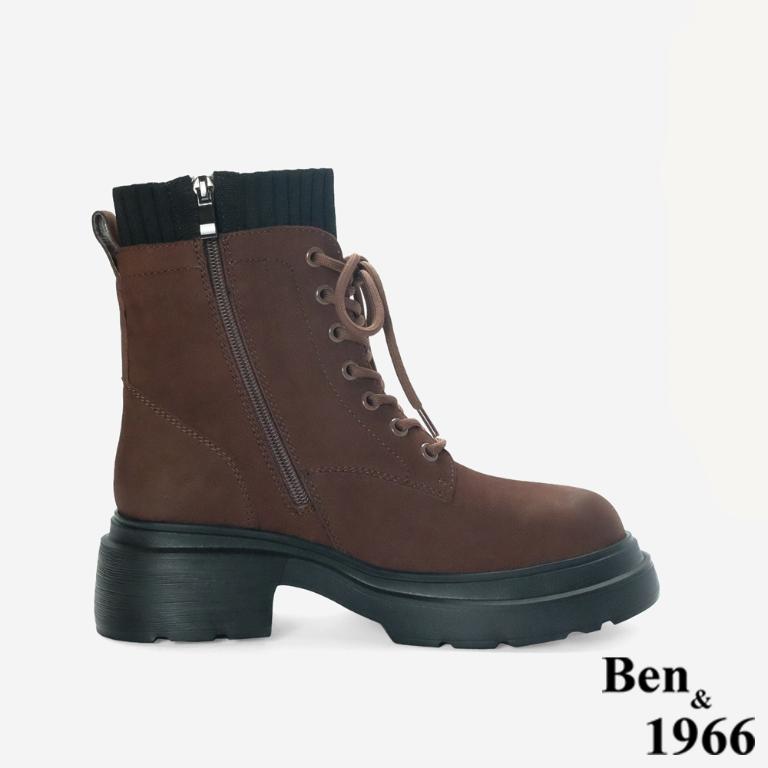 Ben&1966 高級羊磨砂皮造型金釦個性綁帶短靴-咖啡(247112)