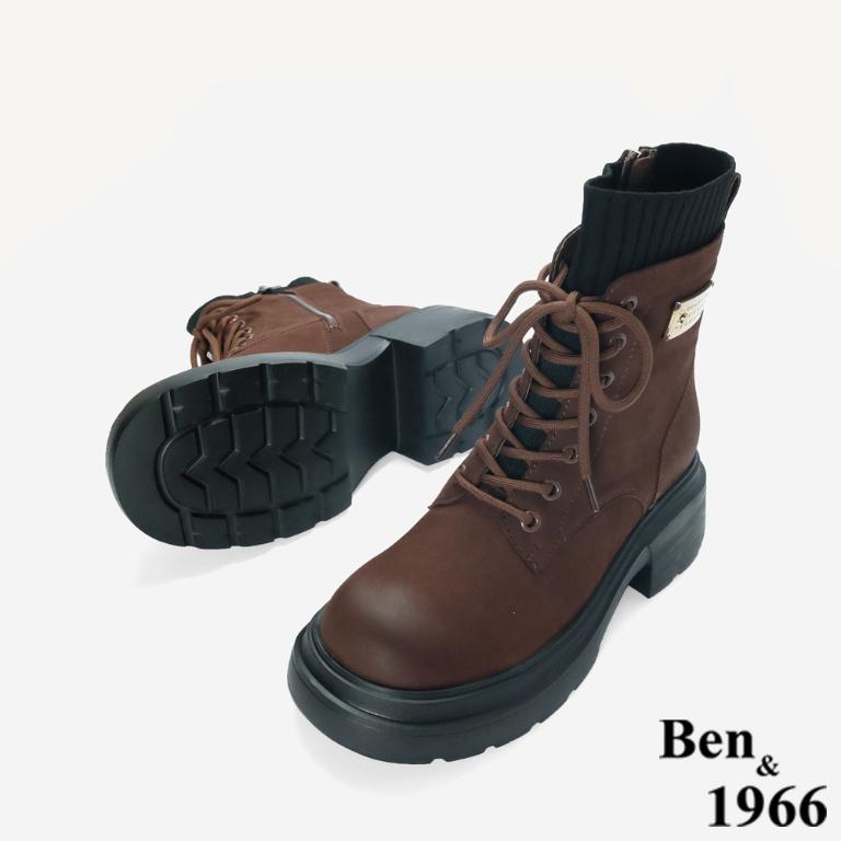 Ben&1966 高級羊磨砂皮造型金釦個性綁帶短靴-咖啡(247112)