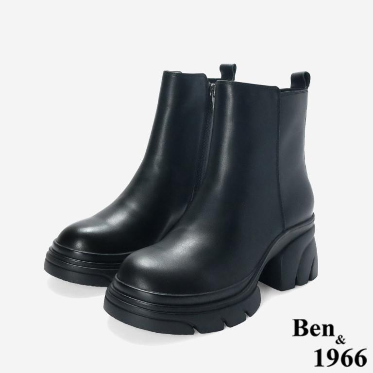 Ben&1966 高級頭層牛皮素面厚底短靴-黑(247101)