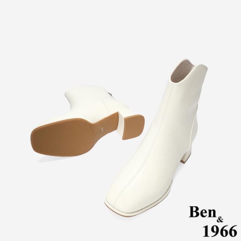 Ben&1966 柔軟羊皮優雅舒適粗跟短靴-米白(247042)