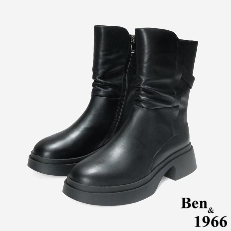 Ben&1966 高級頭層牛皮抓皺設計時尚短靴-黑(247161)