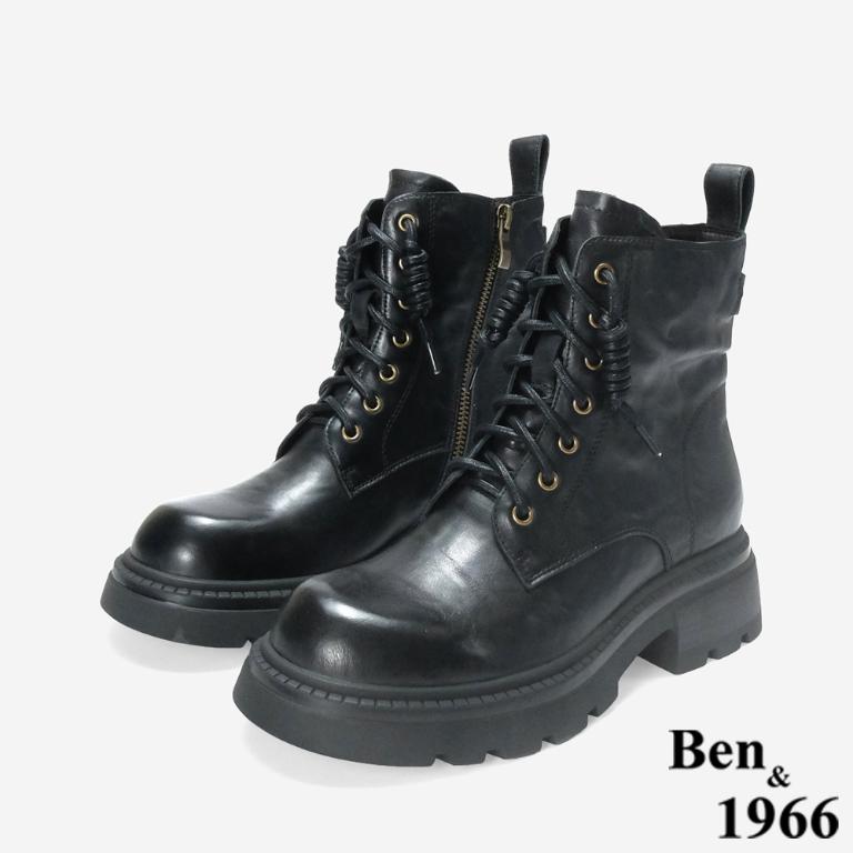 Ben&1966 高級水洗牛皮皺感中性綁帶短靴-黑(247131)