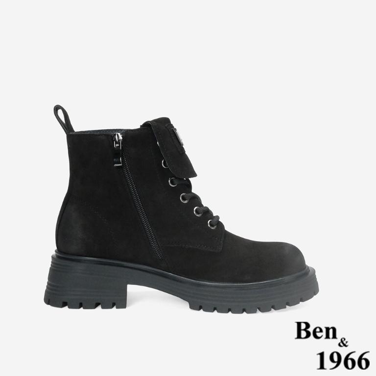 Ben&1966 高級羊磨砂皮造型鞋舌個性綁帶短靴-黑(247151)