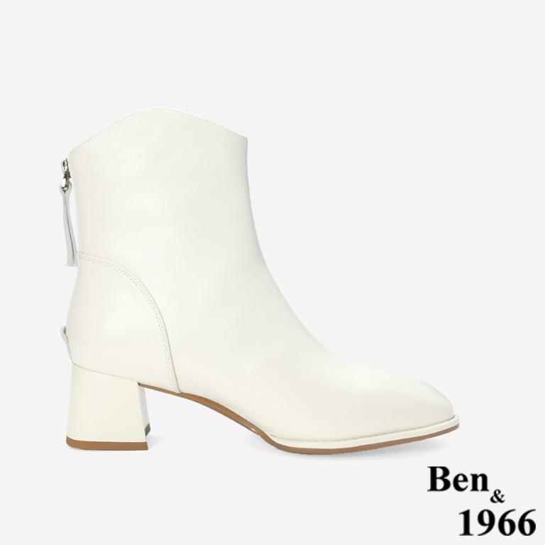 Ben&1966 柔軟羊皮優雅舒適粗跟短靴-米白(247042)