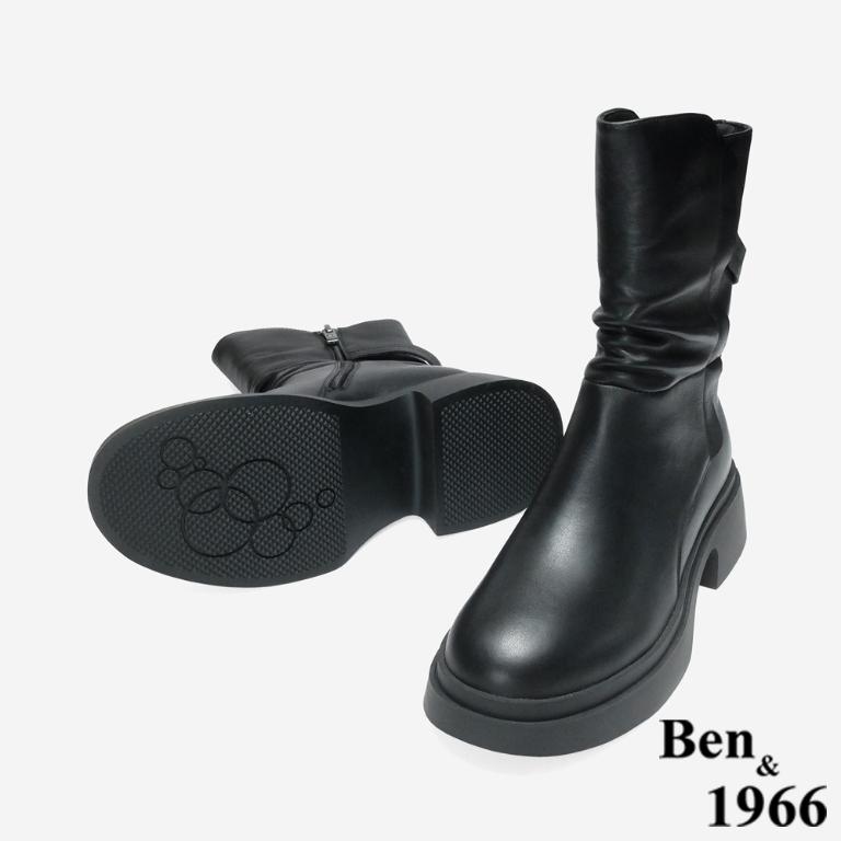 Ben&1966 高級頭層牛皮抓皺設計時尚短靴-黑(247161)